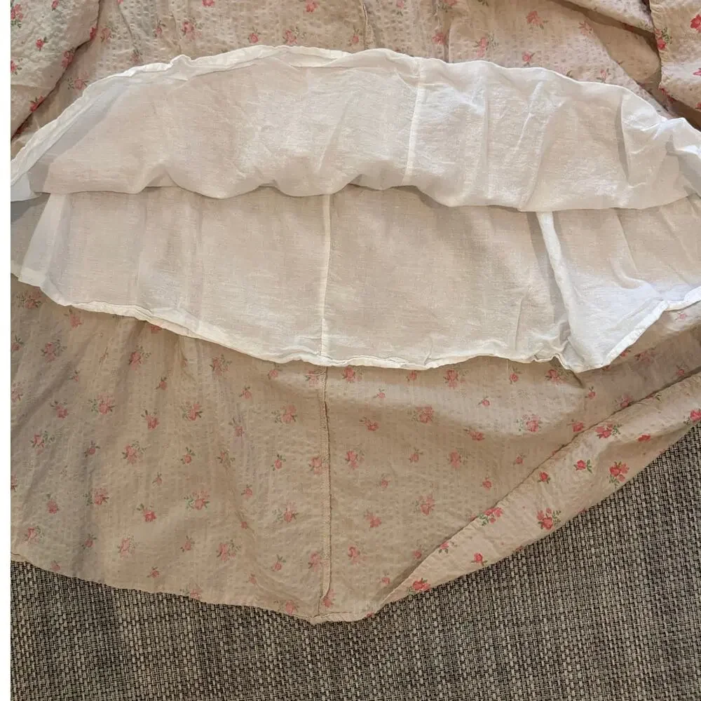 R VIVIMOS Cotton Floral Print Puff Sleeves Smocked Ruffles Midi Dress Beige XL - Picture 6 of 7